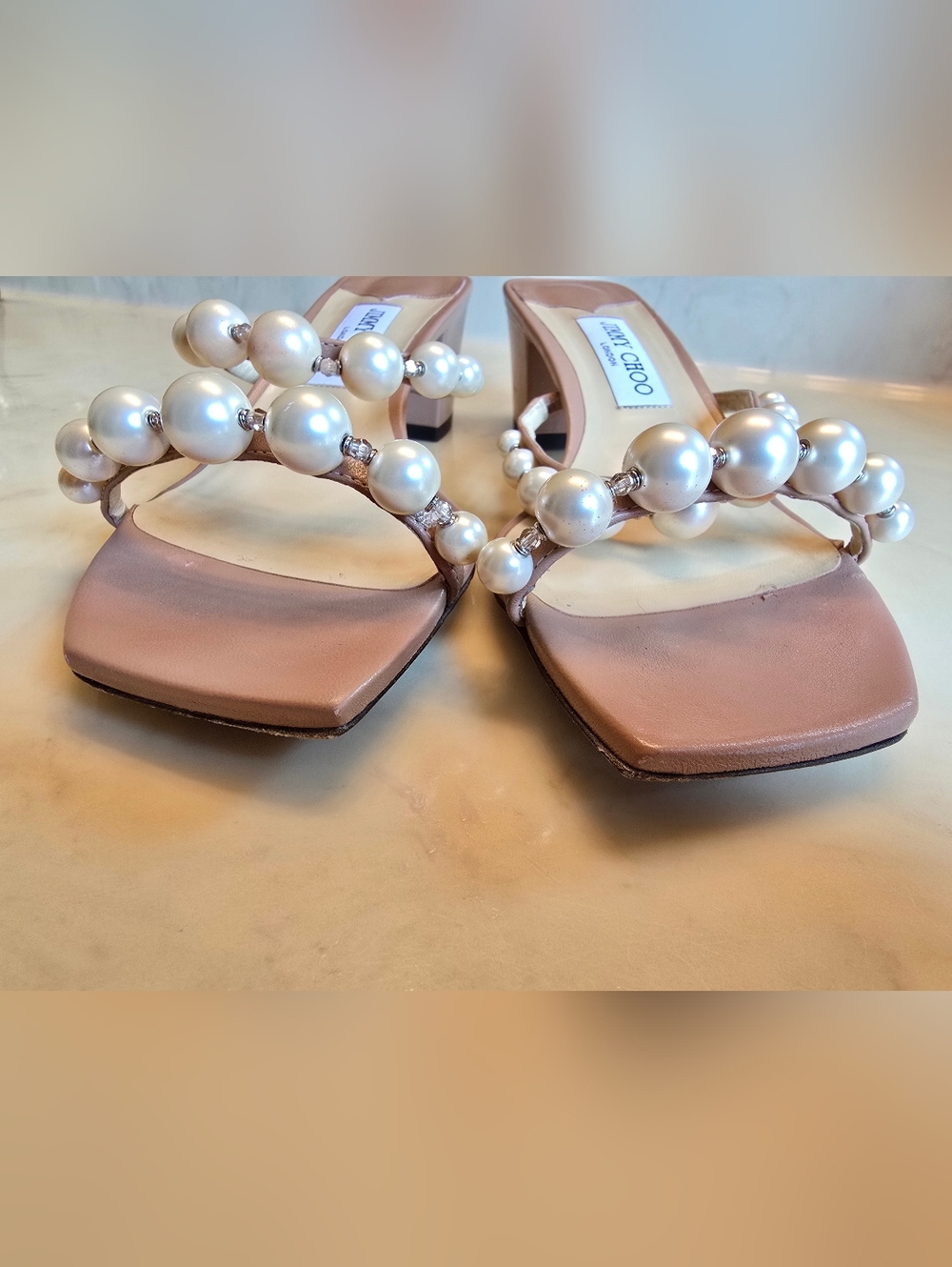 Jimmy Choo Amara Beige Pearl Embellished Slide Sandal Size 39 - Picture 2 of 11